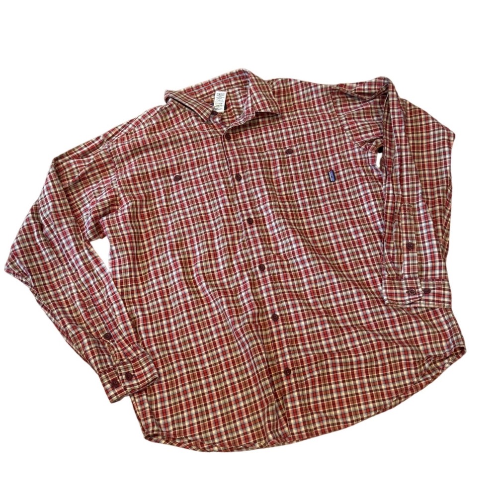Patagonia Mens Large Organic Cotton Plaid Button Down Shirt Red Blue Long Sleeve